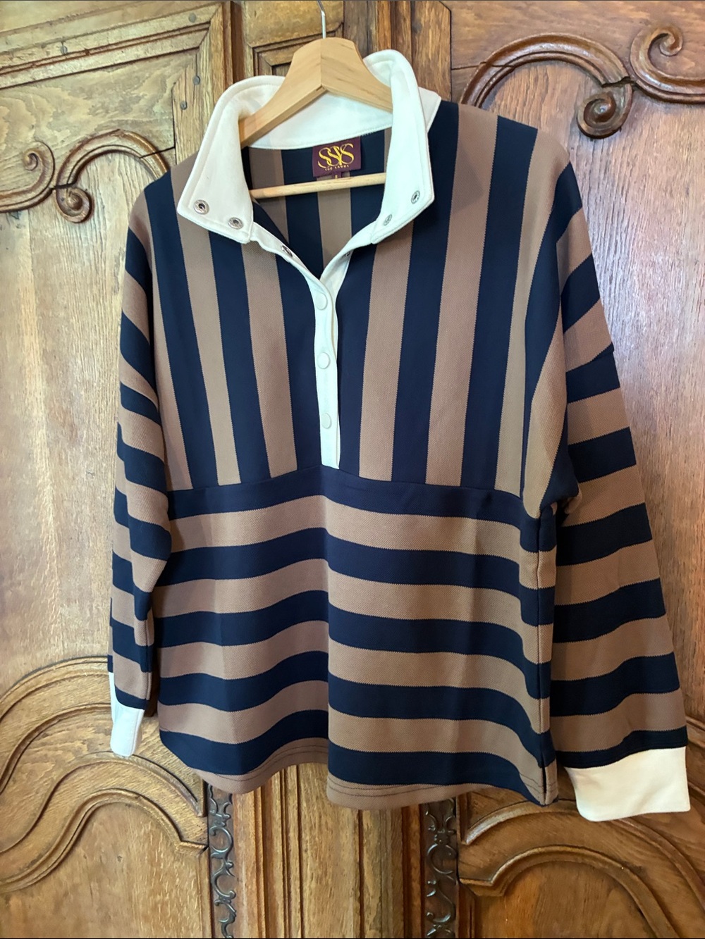 SSYS Landon Color Block Stripe Rugby Top in Mocha Navy - Picture 3 of 8